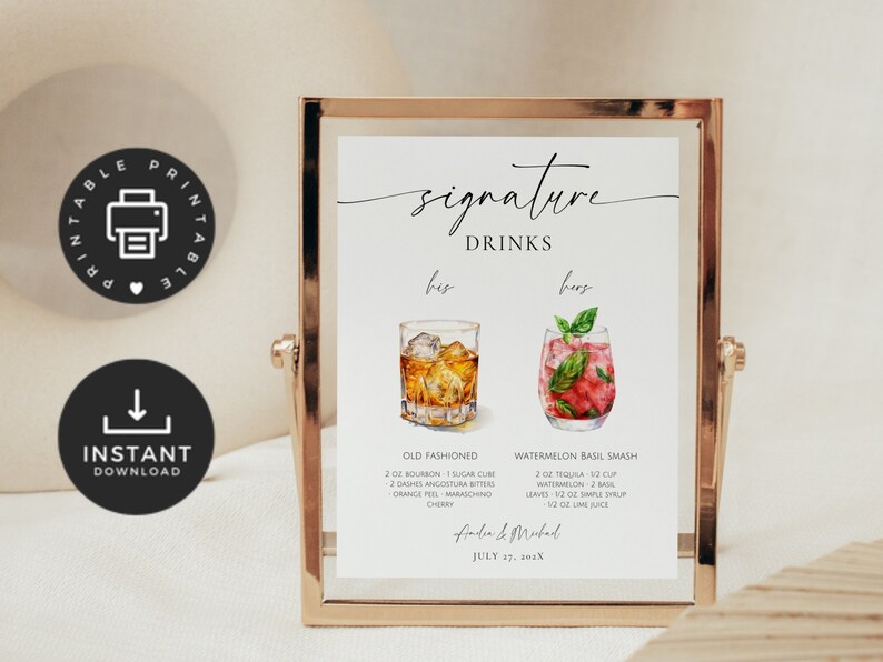 Modern Minimalist Script Wedding Signature Drinks. His and Hers ...
