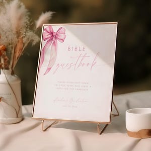 Pink Bow Bible Guestbook Sign For Graduation. Highlight Your Favorite Bible Verse Printable Poster. Editable Coquette Grad Party Decor. SCH3