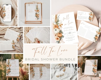Puede incluir: Un conjunto de papelería para despedida de soltera con temática otoñal. El diseño presenta calabazas, trigo y elementos florales en naranja, blanco y verde. Se muestra el texto "Fall In Love" y "Bridal Shower Bundle". Incluye invitaciones, tarjetas de recetas y señalización.