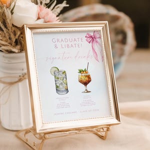 Pink Bow Graduation Signature Drink Template. Coquette Grad Party Cocktail Sign. Editable Drink Sign. Printable Pink Bow Bar Decor. SCH3