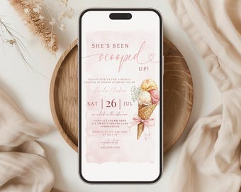Scooped Up Bridal Shower Invitation. Digital Pink Ice Cream Evite. Editable Template. She's Been Scooped Up Summer. Email Text Invite. FLL50