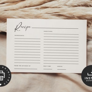 May include: Printable recipe card template with blank lines for ingredients, directions, prep time, and servings. The card has the word "Recipe" written in cursive at the top.