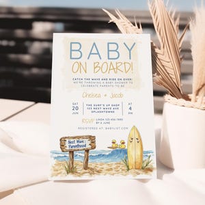 Baby On Board Shower Surfboard Invitation. Printable Surf Beach Invite. Editable Template. Summer Co-ed Baby Shower. Digital Download. BS10