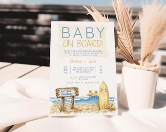 May include: A baby shower invitation with a watercolor beach scene. The invitation says "Baby on Board!" and includes details for the event, including the date, time, location, and RSVP information. The invitation also includes a surfboard with two yellow ducks and a sign that says "Next Wave: Parenthood".