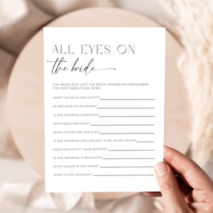 All Eyes On The Bride Game. Modern Minimalist Bridal Shower Game Template. Guess the Brides Outfit. Bachelorette Party Fun Activity. GRD