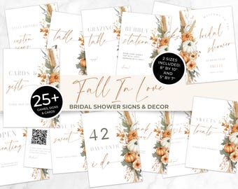 May include: A collection of white signs with fall-themed graphics and text, including pumpkins, wheat, and floral accents. The signs are for a bridal shower, with phrases like "Fall in Love" and "Cards & Gifts". Two sizes are included: 8" by 10" and 5" by 7".