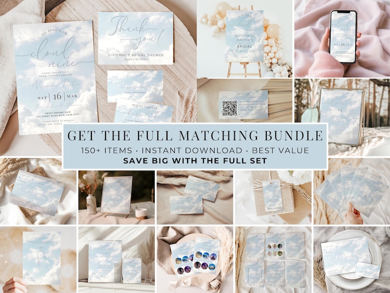 Cloud 9 Bridal Shower Invite. The Bride Is On Cloud Nine. Editable Invitation Template. Instant Digital Download. Printable. 4 by 6. FLL04 afbeelding 2