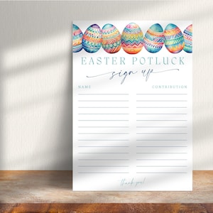 Könnte beinhalten: Ein druckbares Anmeldeformular für ein Oster-Potluck mit einem farbenfrohen Aquarell-Design von Ostereiern. Das Anmeldeformular hat zwei Spalten mit den Bezeichnungen "Name" und "Beitrag".