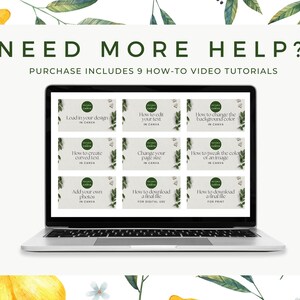 Pu&ograve; includere: Un laptop mostra nove schede tutorial con titoli come "Come modificare il tuo testo" e "Come cambiare il colore dello sfondo". Il testo "HAI BISOGNO DI AIUTO?" e "L'ACQUISTO INCLUDE 9 TUTORIAL VIDEO" sono in alto. Illustrazioni di limoni e foglie circondano il laptop.