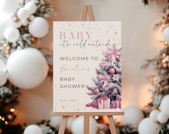 Baby Its Cold Outside Baby Shower Poster. Pink Bow Christmas Welcome Sign. Editable Girl Winter Wonderland Signage. Coquette Decor. BS51