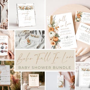 Falling In Love Baby Shower Bundle. Editable Boho Autumn Florals Theme. A Little Pumpkin Baby Shower Invitation Games & Signs Template. BS89
