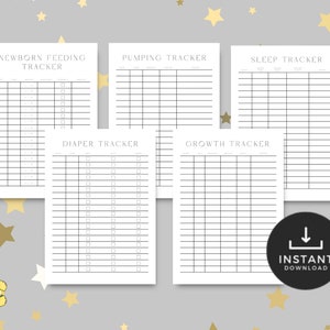 Op de afbeelding: Printbare baby-trackerbladen met koppen voor het voeden van pasgeborenen, kolven, slapen, luiers en groei. De bladen zijn zwart-wit met een eenvoudig ontwerp.