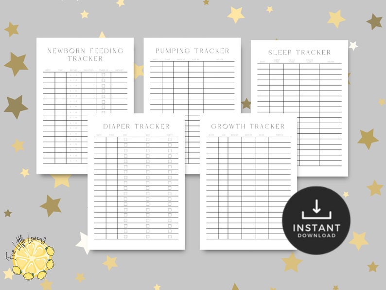Op de afbeelding: Printbare baby-trackerbladen met koppen voor het voeden van pasgeborenen, kolven, slapen, luiers en groei. De bladen zijn zwart-wit met een eenvoudig ontwerp.