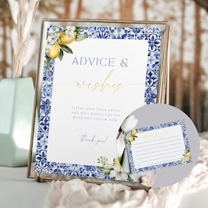 Bridal Shower Advice Cards Lemon. Amalfi Coast Bridal Shower Advice & Wishes Set. Mediterranean Positano Theme. Editable Template. FLL52