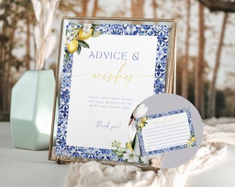 Bridal Shower Advice Cards Lemon. Amalfi Coast Bridal Shower Advice & Wishes Set. Ciao To Miss Theme. Editable Template. WS06