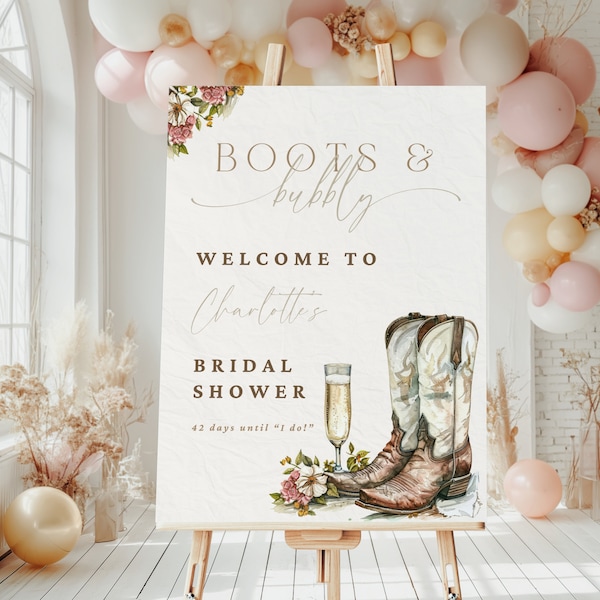 Boots And Bubbly Sign. Western Bridal Shower Welcome Poster Printable. Cowgirl Rustic Country Wedding. Champagne Editable Template. FLL136