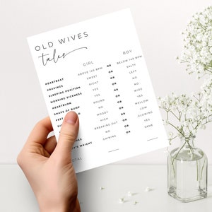 Old Wives Tales Printable. Minimalist Baby Shower Game Card. Gender Reveal Guessing Game. Printable. Editable Template. Instant Download SEN