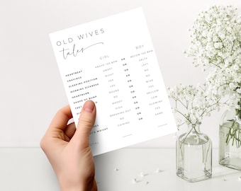 Old Wives Tales Printable. Minimalist Baby Shower Game Card. Gender Reveal Guessing Game. Printable. Editable Template. Instant Download SEN