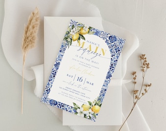 Blue Tiles And Lemon Baby Shower Invitation. Mama's Main Squeeze Invite. Editable Template. Instant Digital Download. Amalfi Coast. BS52