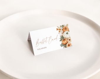 May include: A white buffet card with the words "Buffet Card" in a copper script font and the words "fully editable" in a smaller font. The card features a watercolor design of pumpkins and fall foliage.