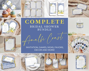 Blue Tiles Lemon Bridal Shower Bundle. Mediterranean She Found Her Main Squeeze. Editable Amalfi Coast Shower Invitation Signs Games. FLL52
