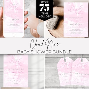 On Cloud Nine Baby Shower Pink. Editable Invitation. We&#39;re on Cloud 9 Bundle. Girl Baby Shower Games Signs Favors. Instant Download. BS05