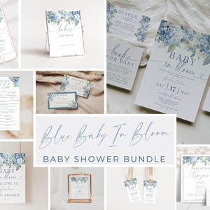 Baby In Bloom Blue Bundle. Boy Baby Shower. Dusty Blue Florals Theme. Editable Template. Printable Invitation Set Games Signs & Decor. BS30