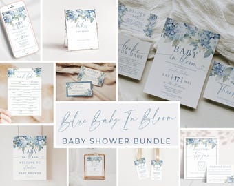 Baby In Bloom Blue Bundle. Boy Baby Shower. Dusty Blue Florals Theme. Editable Template. Printable Invitation Set Games Signs & Decor. BS30