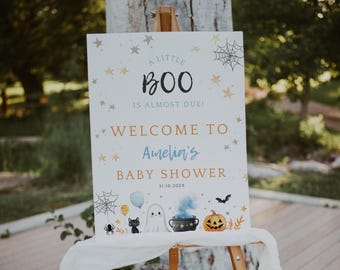 A Little Boo Is Almost Due Welcome Sign. Blue Ghost Baby Shower Welcome Poster Printable. October Halloween Decor. Editable Template. BS81