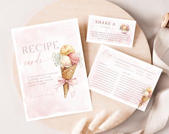 Scooped Up Shower Recipe Card. Editable Boho Pink Bow Wedding Shower Template. Ice Cream Theme Invite Insert. Recipe Card & Sign Set. FLL50