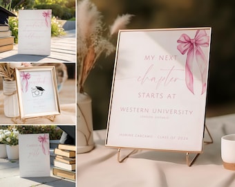 Pink Bow Graduation Sign Bundle. Editable Graduation Table Signs. Modern Class of 2026 Decor. Printable Coquette Grad Party Posters. SCH3