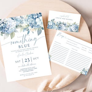 Something Blue Before I Do Invitation Bundle. Dusty Blue Hydrangea Bridal Shower Editable Invite Recipe Card. Modern Elegant Wedding. FLL30