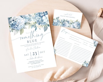 Something Blue Before I Do Invitation Bundle. Dusty Blue Hydrangea Bridal Shower Editable Invite Recipe Card. Modern Elegant Wedding. FLL30