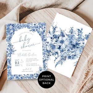 May include: Blue and white floral baby shower invitation with a watercolor design. The invitation includes the text "Please join us for a baby shower" and "In honor of" followed by the name "Michelle Gul" and the date "Sat 25 May".