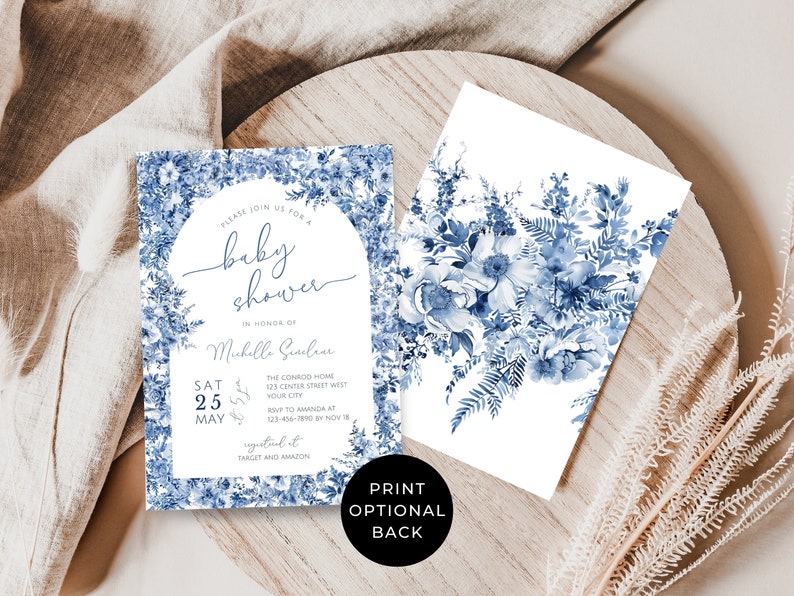 May include: Blue and white floral baby shower invitation with a watercolor design. The invitation includes the text "Please join us for a baby shower" and "In honor of" followed by the name "Michelle Gul" and the date "Sat 25 May".