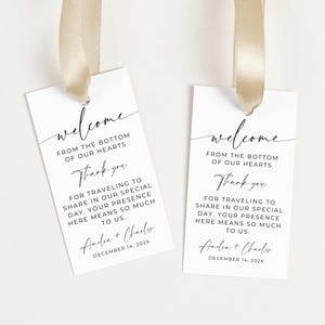 Notes de remerciement pour les sacs de bienvenue de mariage. Avis aux clients de l'hôtel. Étiquette de sac cadeau de remerciement. Modèle modifiable. Mariage à destination. RDJ
