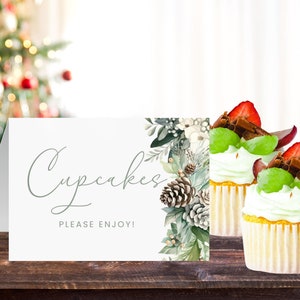 Tarjeta de buffet para baby shower de invierno. Letrero para mesa de comida. Flores invernales en verde salvia. Género neutro. Descarga instantánea. Imprimible. Editable. FLL12
