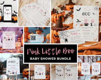 Puede incluir: Una colección de decoraciones para baby shower con temática de Halloween. El paquete "Pink Little Boo" incluye invitaciones, tarjetas de bingo, letreros y etiquetas. Los diseños presentan calabazas, murciélagos y sombreros de bruja, con detalles en rosa y negro.