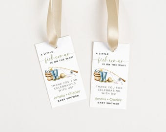 A Little Fisherman Is On His Way Favor Tag. Reel Excited Fishing Baby Shower Outdoors. Editable Template. Personalised Favor Labels. BS47