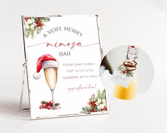 May include: A white sign with a red Santa hat and a glass of champagne on it. The sign says "A Very Merry Mimosa Bar" and has instructions for making a mimosa. The sign is on a silver stand.