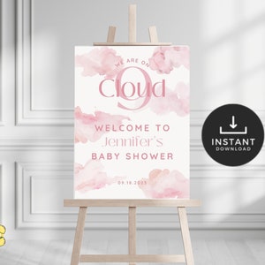 Cloud 9 Baby Shower Welcome Sign. We&#39;re on Cloud Nine Girl Welcome Poster. Pink Girl Baby Shower Welcome. Instant Download. Baby Sign. BS32