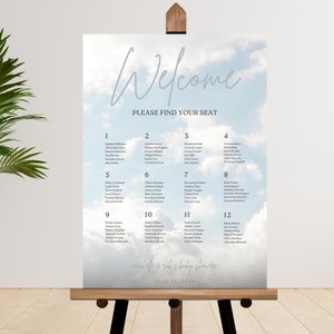 May include: A blue and white seating chart with clouds printed on it. The chart is titled "Welcome" and "Please Find Your Seat". It lists names and table numbers for a baby shower on July 25th.