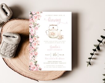 Baby Brewing Cottage Core Tea Party Baby Shower Invitation (Editable, Printable) BS59