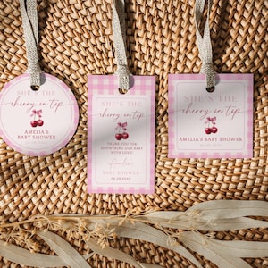 She's The Cherry On Top Favor Tag. Pink Bow Coquette Baby Shower Thank You. Printable Gingham Label. Editable Template. Sticker Favor. BS28