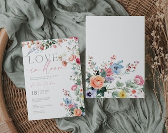 Love In Bloom Bridal Shower Invitation. Colorful Wildflower Invite. Spring Summer Wedding Brunch. Editable Template. Digital Download. FLL01