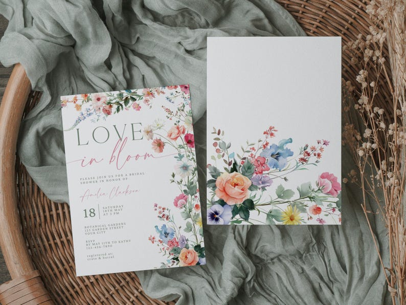Love In Bloom Bridal Shower Invitation. Colorful Wildflower Invite. Spring Summer Wedding Brunch. Editable Template. Digital Download. FLL01 image 1