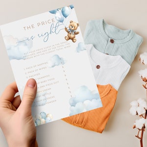 We Can Bearly Wait Baby Shower Price Is Right Editable. Boho Blue Teddy Bear Guess The Price Game Card. Instant Download. Printable. BS18
