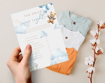 We Can Bearly Wait Baby Shower Price Is Right Editable. Boho Blue Teddy Bear Guess The Price Game Card. Instant Download. Printable. BS18