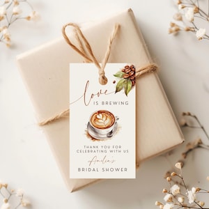 Love Is Brewing Bridal Shower Favor Tags. Coffee Wedding Shower Favor Stickers. Printable Love You A Latt Sticker. Editable Template. FLL34