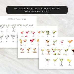 May include: A set of 36 watercolor illustrations of martini glasses with various garnishes. The illustrations are perfect for customizing a menu or creating a cocktail-themed design.